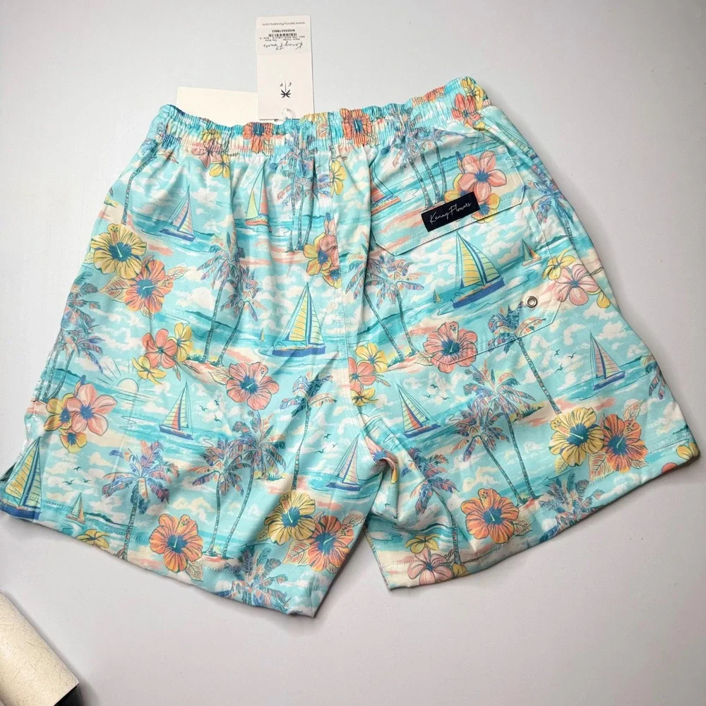 Kenny Flowers The BVIs Swim Trunks Men Small Light Blue Tropical Sailboat NEW